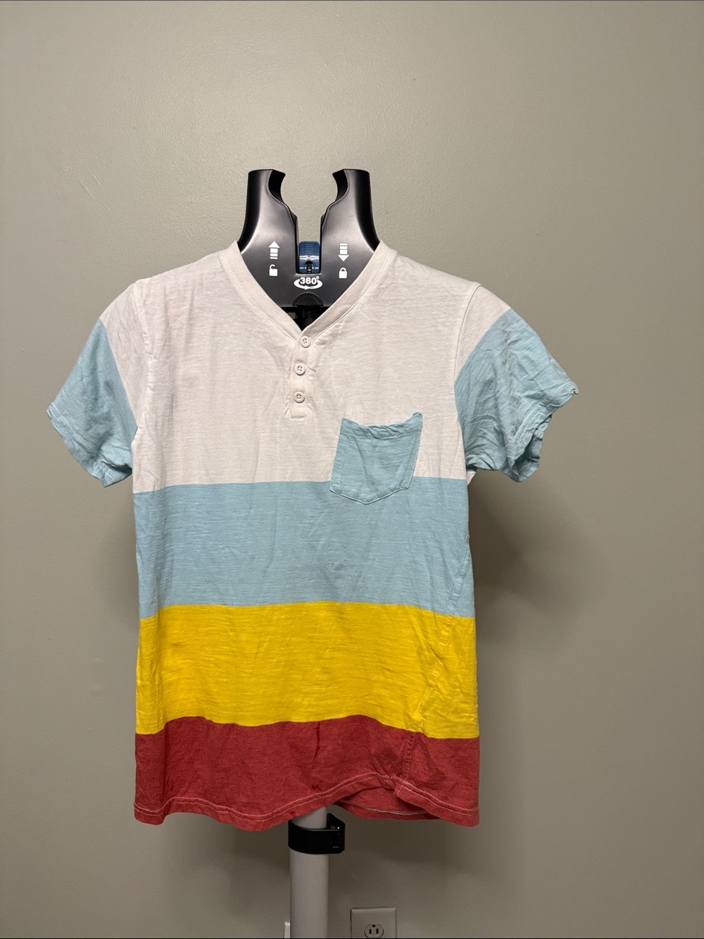 Striped Short-Sleeve Henley Pocket Tee - White/Light Blue/Yellow/Red